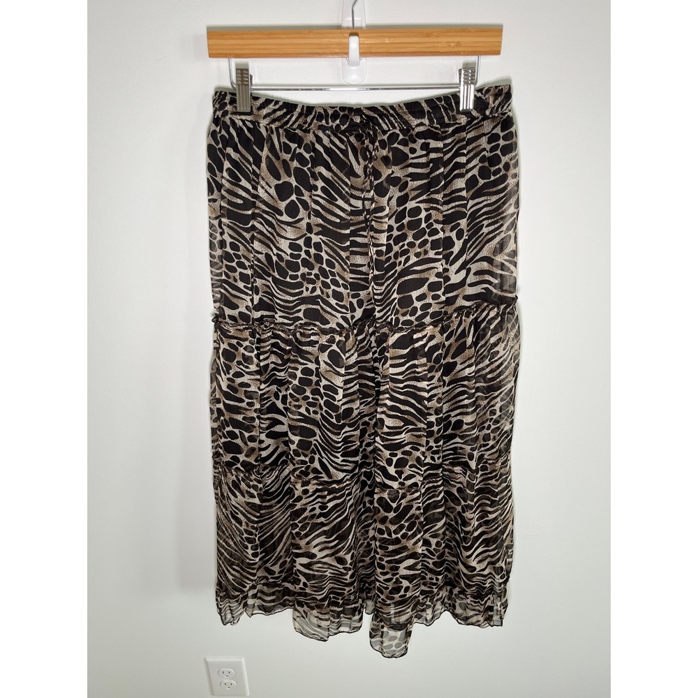 Y2K Fairy Tiered Womens Midi Skirt XL Brown‎ Animal Print Sheer Festival Stretch